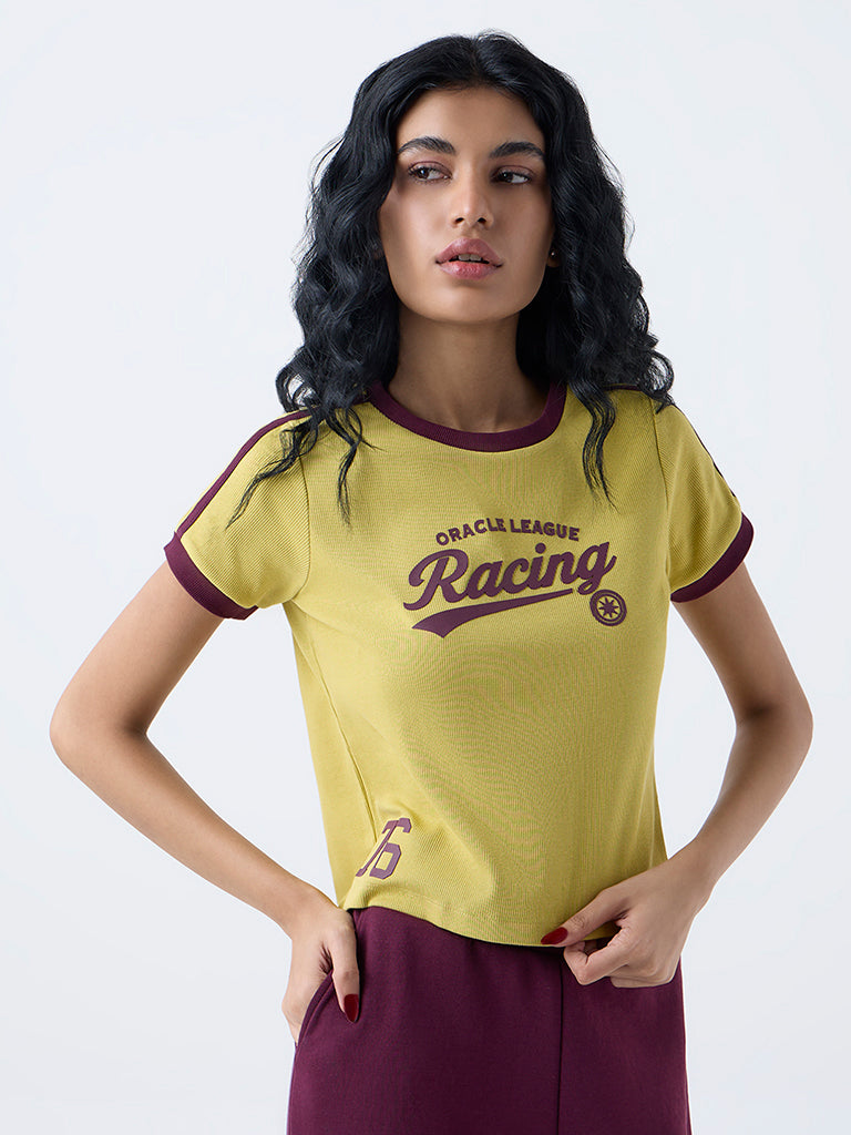 Studiofit Mustard Typographic Cotton-Blend T-Shirt - Image 2