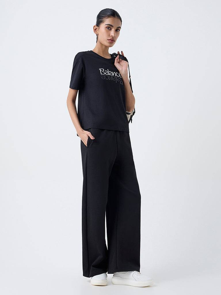 Studiofit Black Text Pattern Cotton T-Shirt - Image 2