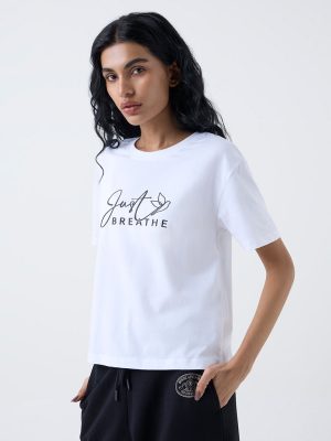 Studiofit White Text Printed Cotton T-Shirt