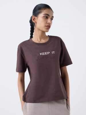 Studiofit Dark Brown Text Printed Cotton-Blend T-Shirt