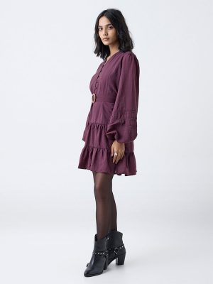 LOV Plum Solid Tiered Dress with Belt