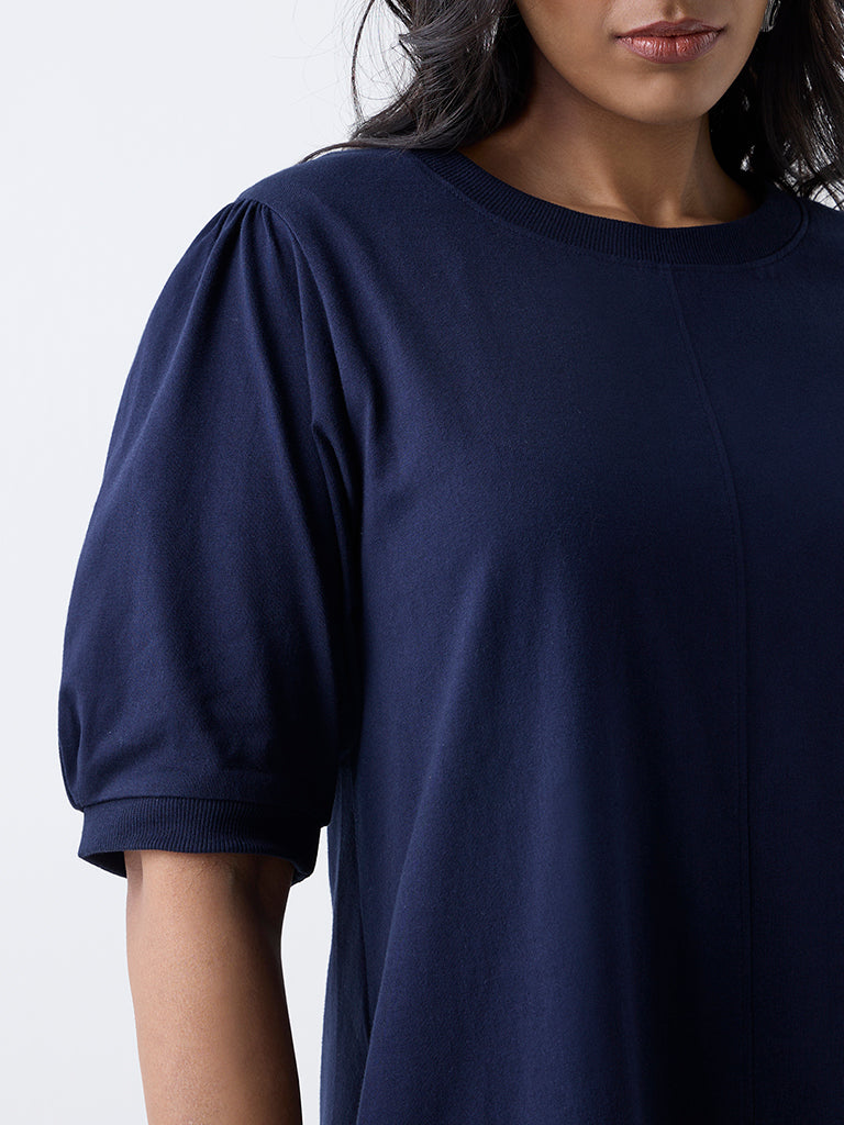 Gia Navy Cotton A-Line Dress - Image 3