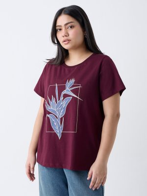 Gia Plum Leaf Pattern Cotton T-Shirt