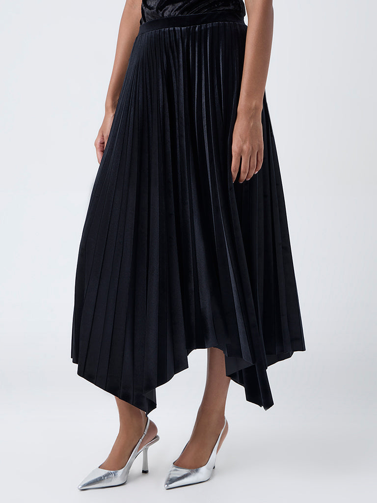 Wardrobe Black Accordion Pleated High-Rise Velvet Skirt - Image 2