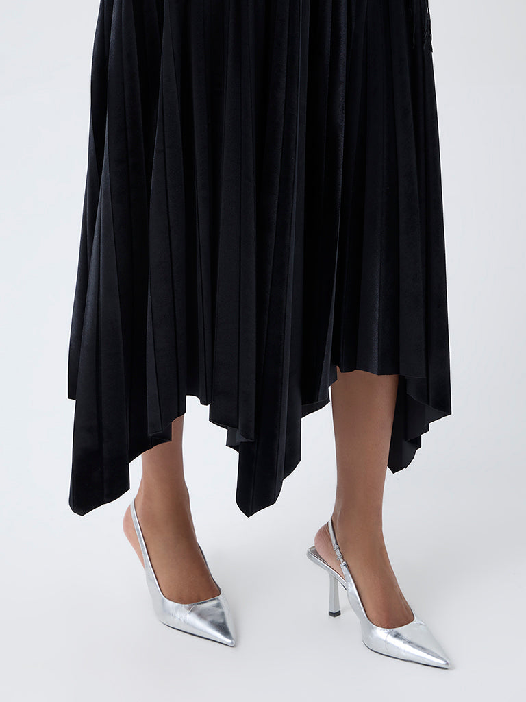 Wardrobe Black Accordion Pleated High-Rise Velvet Skirt - Image 3