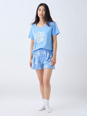 Wunderlove Blue Printed Cotton T-Shirt and Shorts Set
