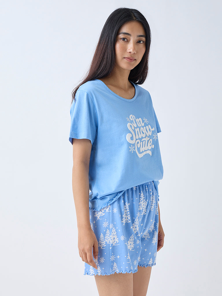 Wunderlove Blue Printed Cotton T-Shirt and Shorts Set - Image 2