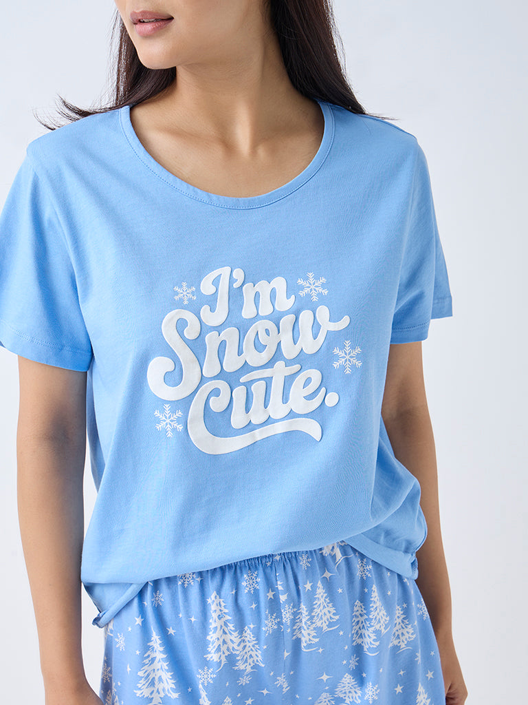 Wunderlove Blue Printed Cotton T-Shirt and Shorts Set - Image 3