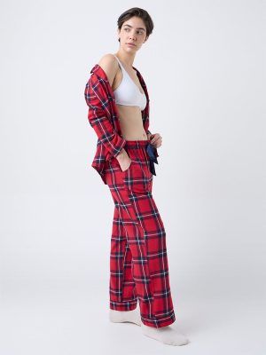 Wunderlove Red Checkered Cotton Shirt and Pyjamas Set