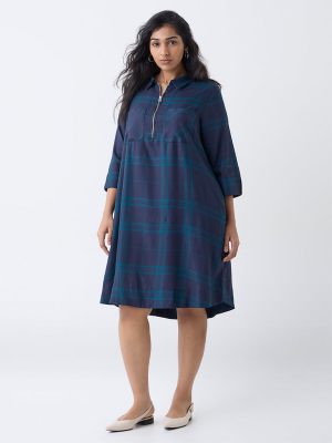 Gia Navy Check Design Quarter-Zip A-Line Dress