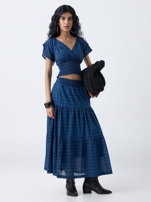 Bombay Paisley Dark Blue Checkered High-Rise Cotton Skirt