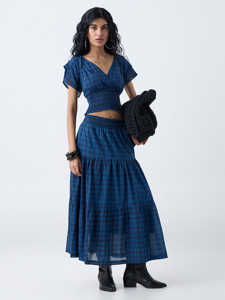 Bombay Paisley Dark Blue Checkered High-Rise Cotton Skirt