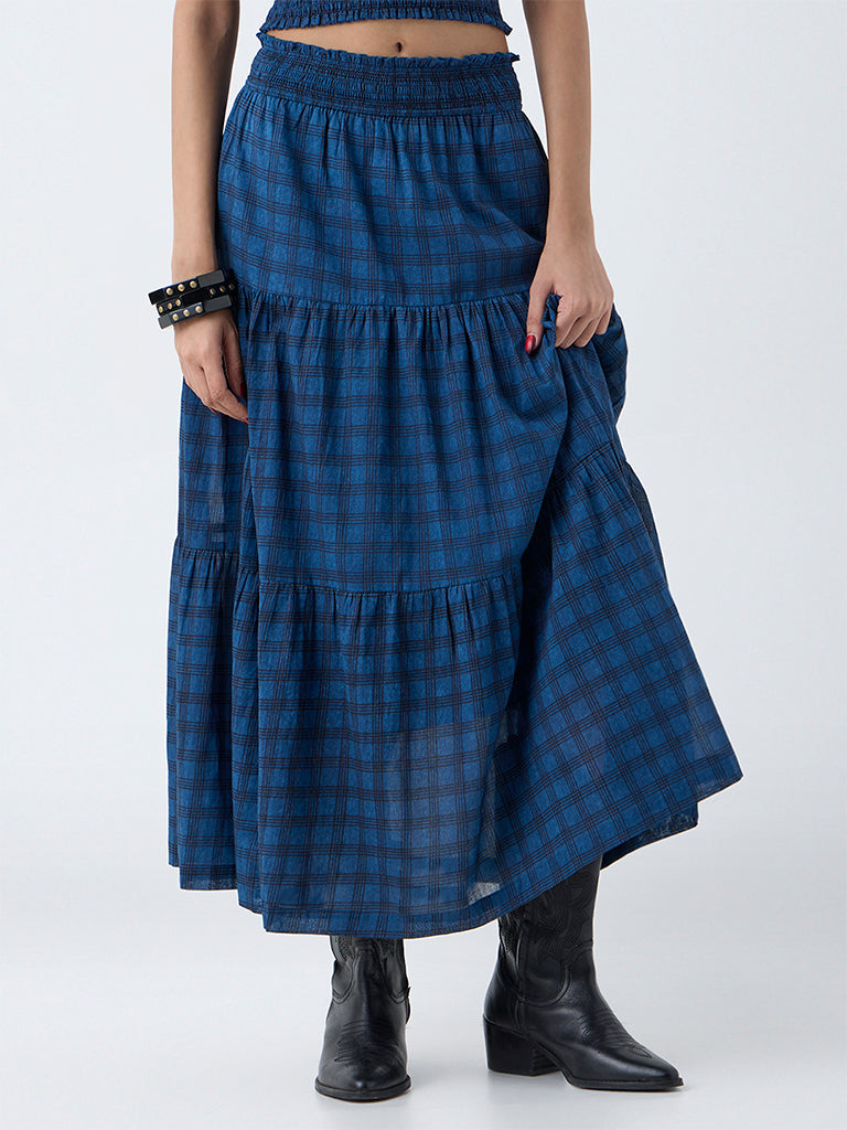Bombay Paisley Dark Blue Checkered High-Rise Cotton Skirt - Image 2