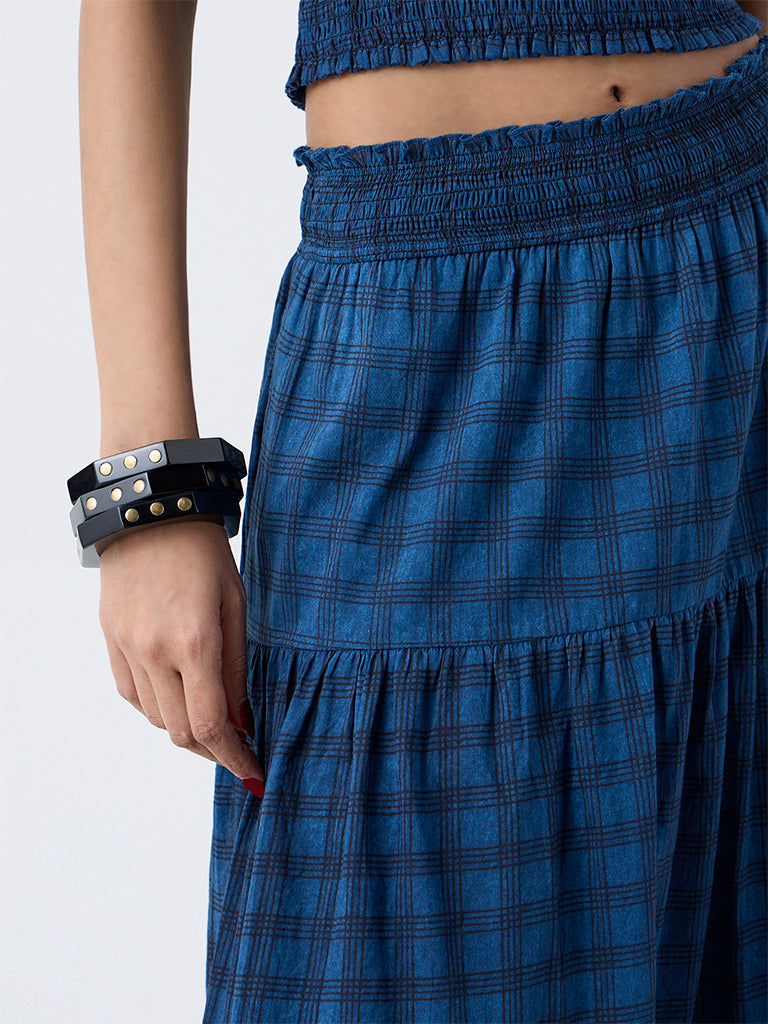 Bombay Paisley Dark Blue Checkered High-Rise Cotton Skirt - Image 3