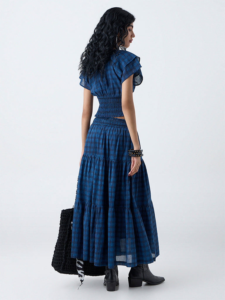 Bombay Paisley Dark Blue Checkered High-Rise Cotton Skirt - Image 4