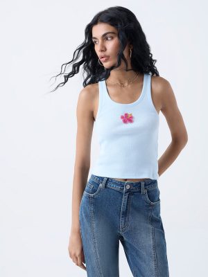 Nuon Light Blue Embellished Cotton-Blend Tank Top