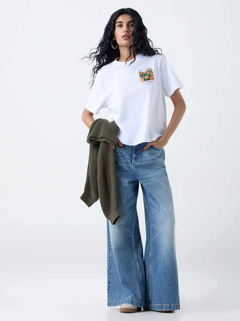 Nuon White Printed Cotton T-Shirt