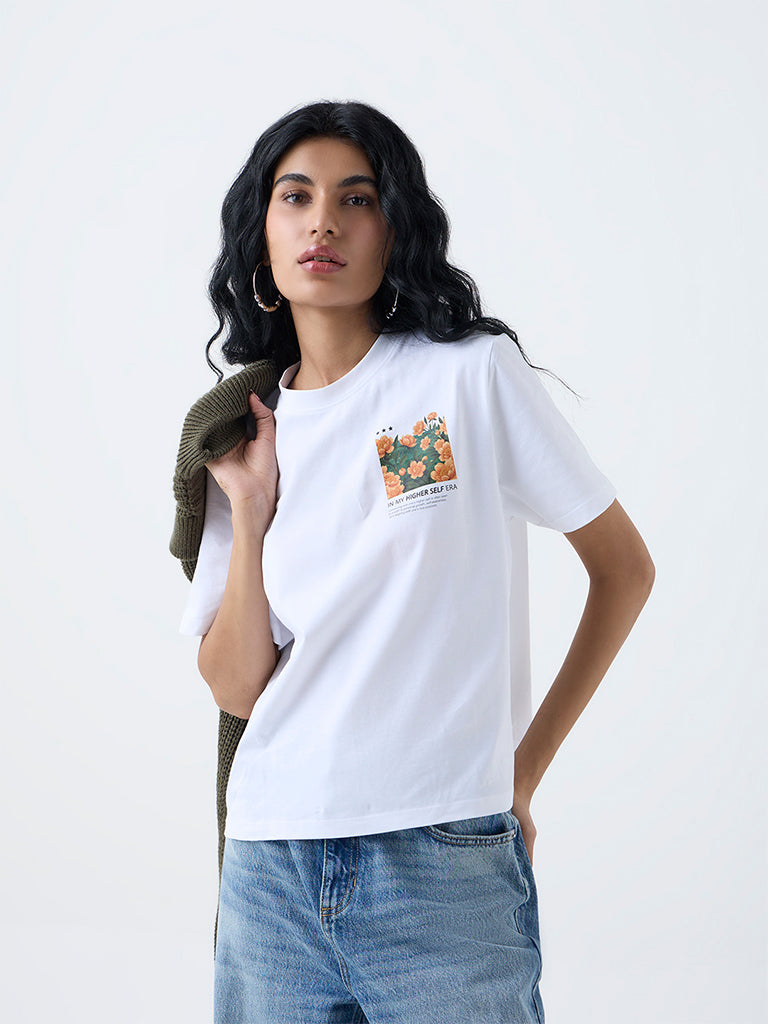 Nuon White Printed Cotton T-Shirt - Image 2