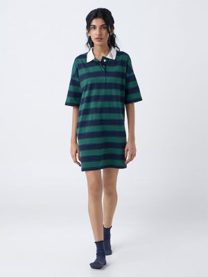 Superstar Green Striped Drop Shoulder Cotton T-Shirt Dress