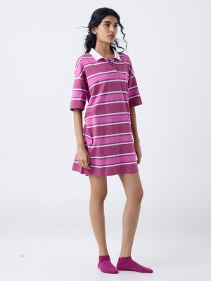 Superstar Pink Striped Drop Shoulder Cotton T-Shirt Dress