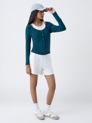 Studiofit Teal Ribbed-Textured Top