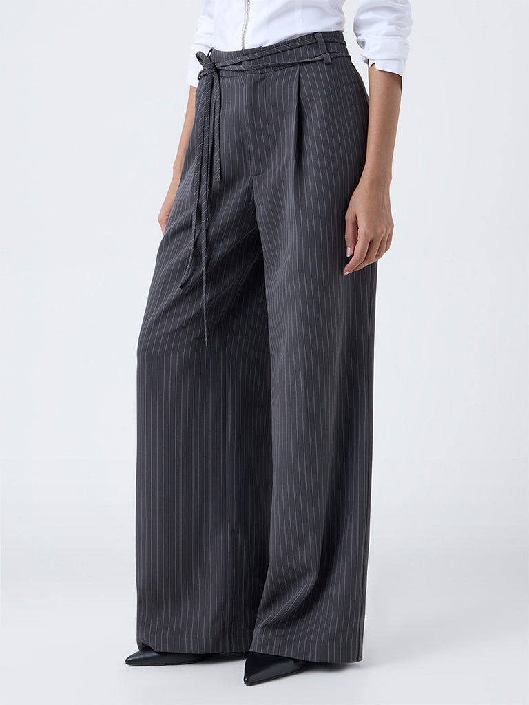 Wardrobe Grey Pinstriped High-Rise Trousers - Image 2
