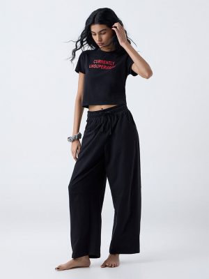 Superstar Black Solid High-Rise Cotton-Blend Pants