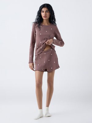 Superstar Brown Heart-Printed High-Rise Cotton-Blend Shorts