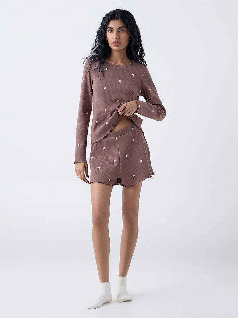 Superstar Brown Heart-Printed High-Rise Cotton-Blend Shorts