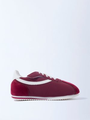 Yellow Maroon Stripe-Detail Lace-Up Sneakers