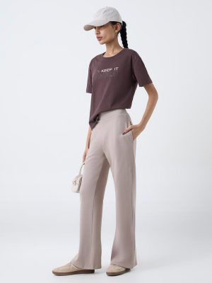 Studiofit Taupe Solid High-Rise Cotton Pants