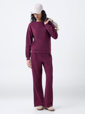 Studiofit Plum Solid High-Rise Cotton Pants