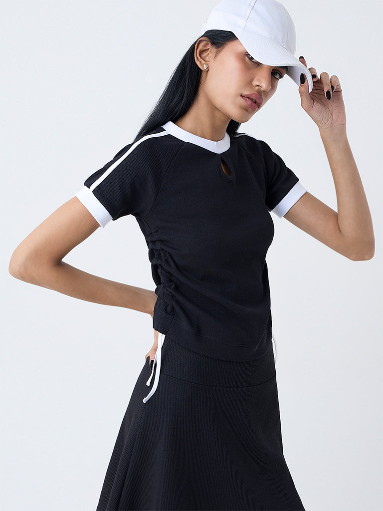 Studiofit Black Typographic Knit-Textured Top