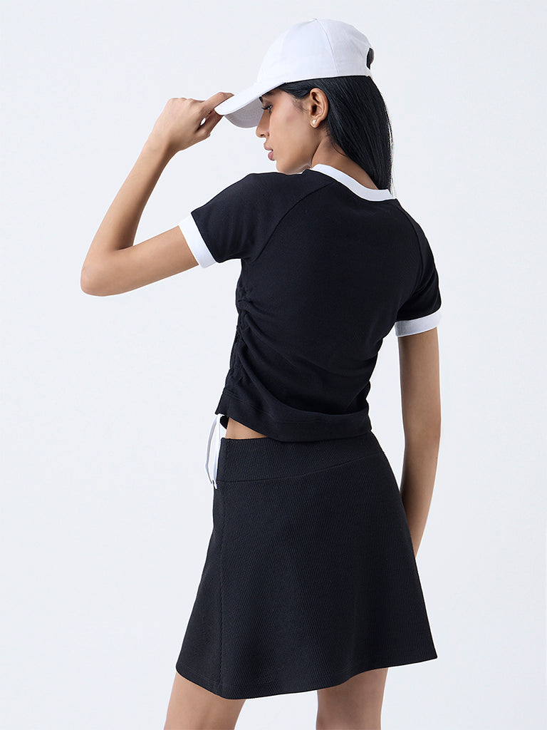 Studiofit Black Typographic Knit-Textured Top - Image 4