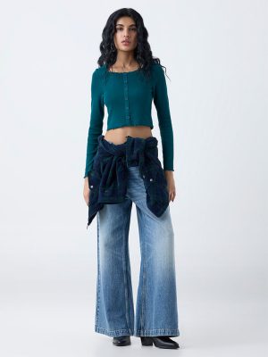 Nuon Dark Green Self-Striped Cotton-Blend Top