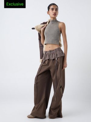 Nuon Brown Check Detailed High-Rise Cotton Pants-Online Exclusive