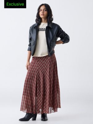 LOV Maroon Check Pattern High-Rise Skirt-Online Exclusive