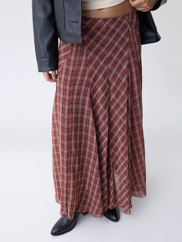 LOV Maroon Check Pattern High-Rise Skirt-Online Exclusive - Image 2