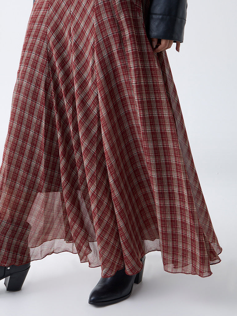 LOV Maroon Check Pattern High-Rise Skirt-Online Exclusive - Image 3