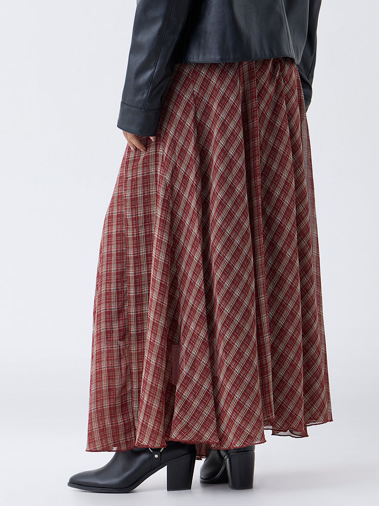 LOV Maroon Check Pattern High-Rise Skirt-Online Exclusive - Image 4