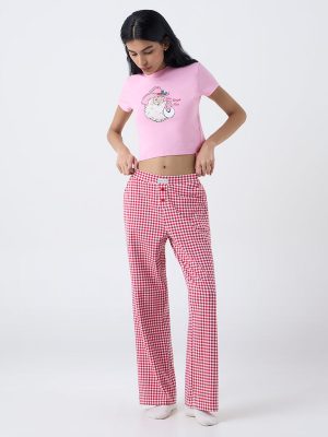 Superstar Red Checkered High-Rise Cotton-Blend Pants