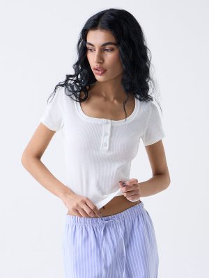 Superstar White Ribbed-Textured Cotton-Blend Top