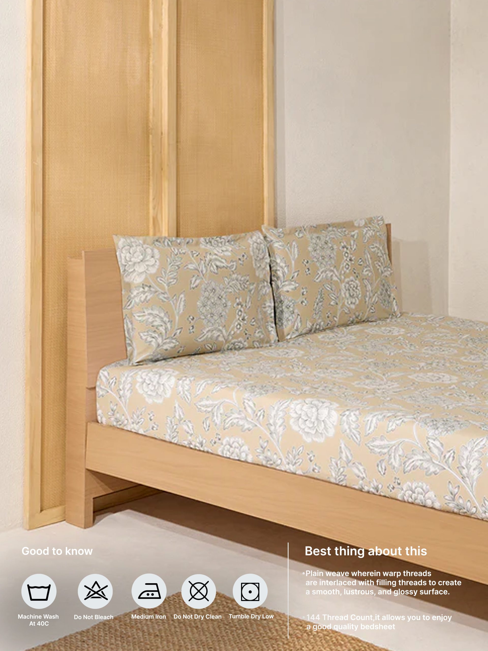 Westside Home Beige Printed King Bed Fitted Sheet and Pillowcase Set - Image 5