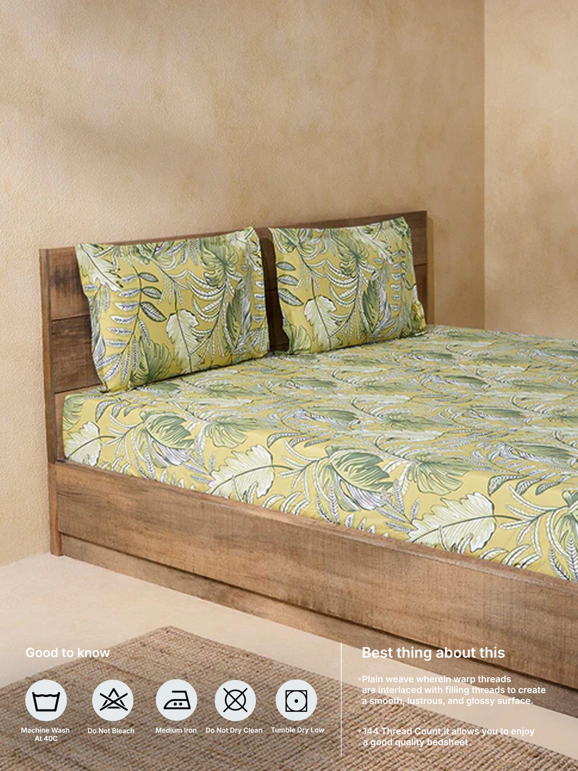 Westside Home Yellow Printed Queen Bed Fitted Sheet and Pillowcase Set - Image 5