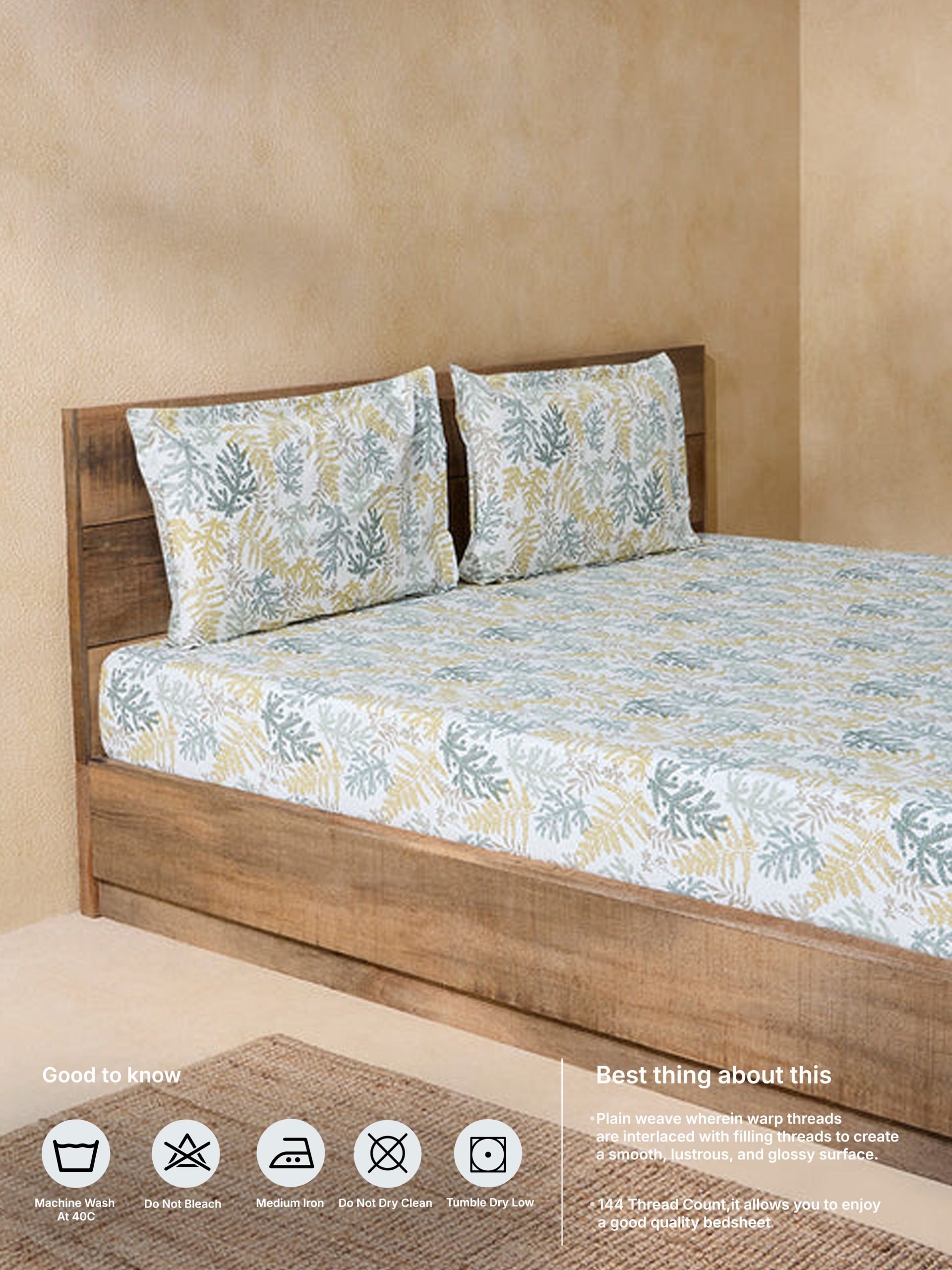 Westside Home Multicolour Foliage Pattern Queen Bed Fitted Sheet and Pillowcase Set - Image 5