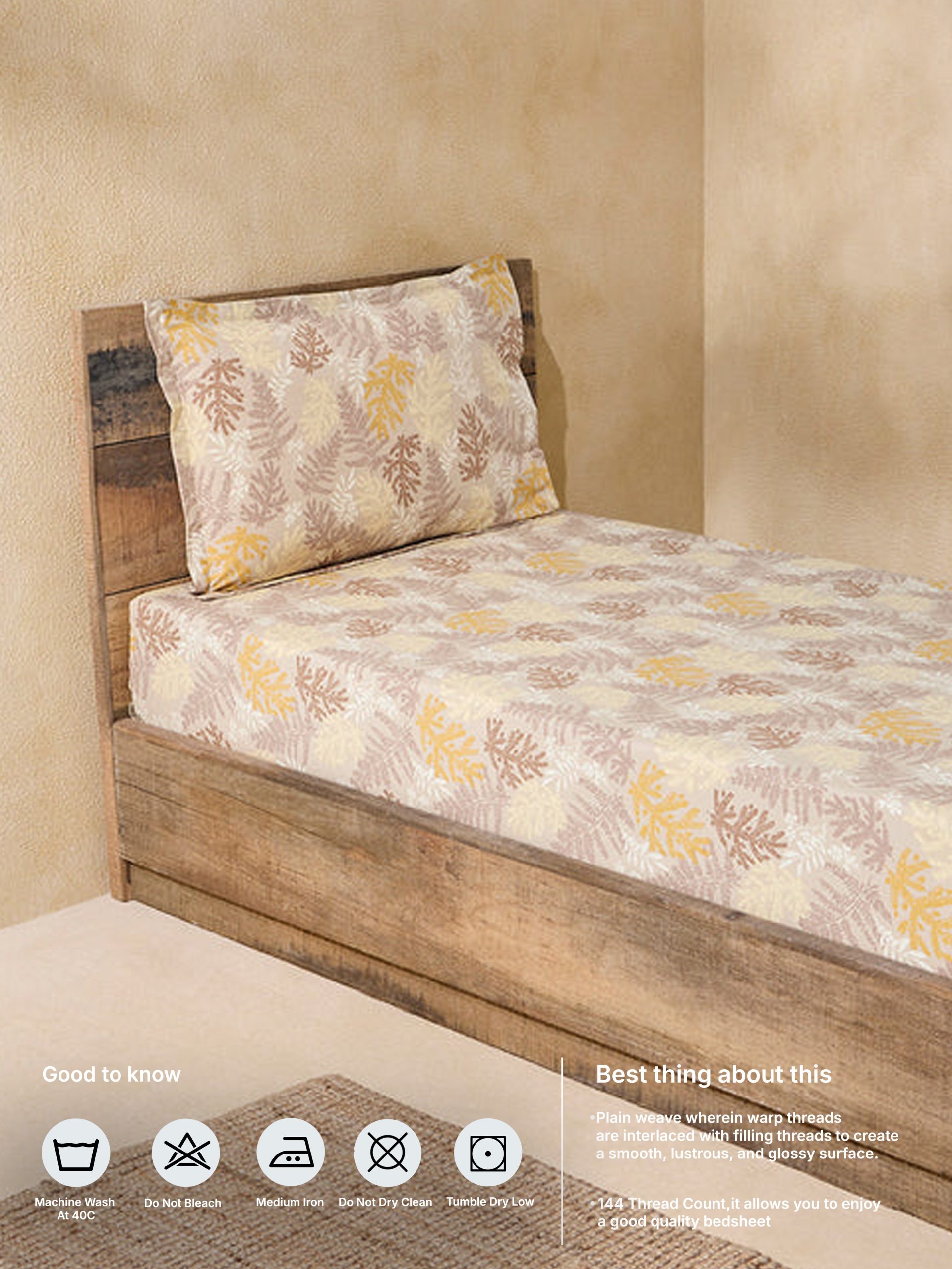 Westside Home Ochre Foliage Single Bed Flat Sheet and Pillowcase Set - Image 5