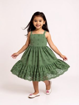 Utsa Kids Olive Schiffli Detailed Tiered Cotton Dress - (2-8yrs)
