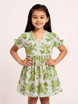 Utsa Kids Off-White Floral Flared Fit Cotton-Blend Dress - (2-8yrs)