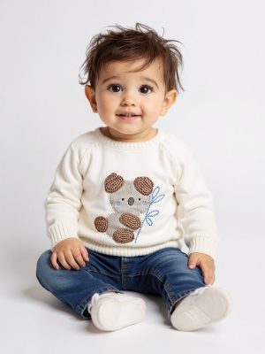 HOP Baby White Teddy Bear Design Cotton Sweater