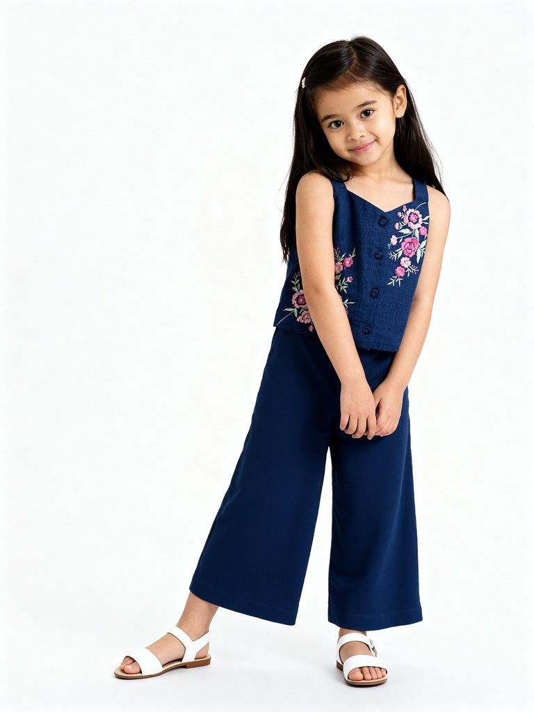 Utsa Kids Navy Floral Embroidered Cotton-Blend Ethnic Top - (2-8yrs)
